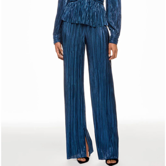Sabina Musayev Metallic Blue Plisse Pants LARGE Split Hem Cocktail Wide Leg $230 - Picture 1 of 12